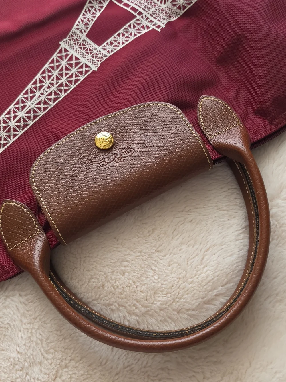 Longchamp Le Pliage Burgundy Tote Bag with Brown Leather Trim Limited Edition - Picture 5 of 10
